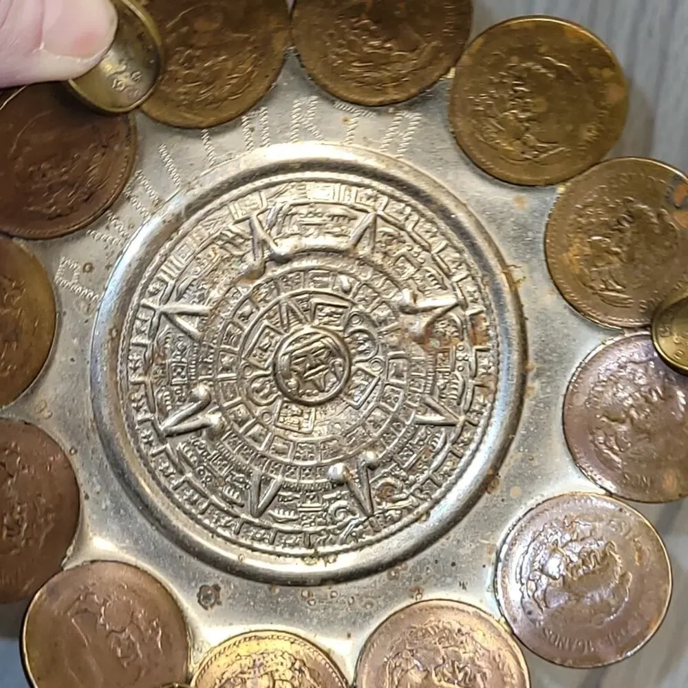 Vtg Aztec Calendar Mexican Coin Ashtray Catch All Dish Handmade MCM